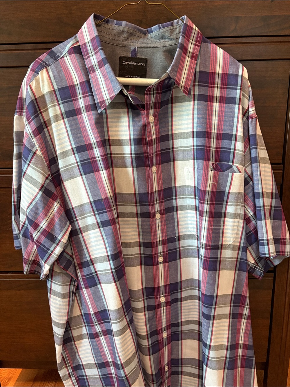Calvin Klein Jeans Men’s Purple and White Plaid Short-Sleeve Button-Down Shirt